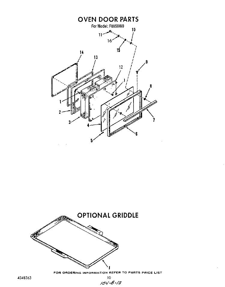 OVEN DOOR , LIT/OPTIONAL GRIDDLE Diagram and Parts List for F8858^0  Whirlpool Range