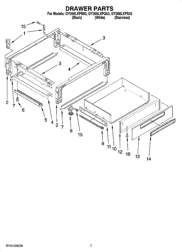 DRAWER PARTS Diagram and Parts List for GY398LXPB03  Whirlpool Range