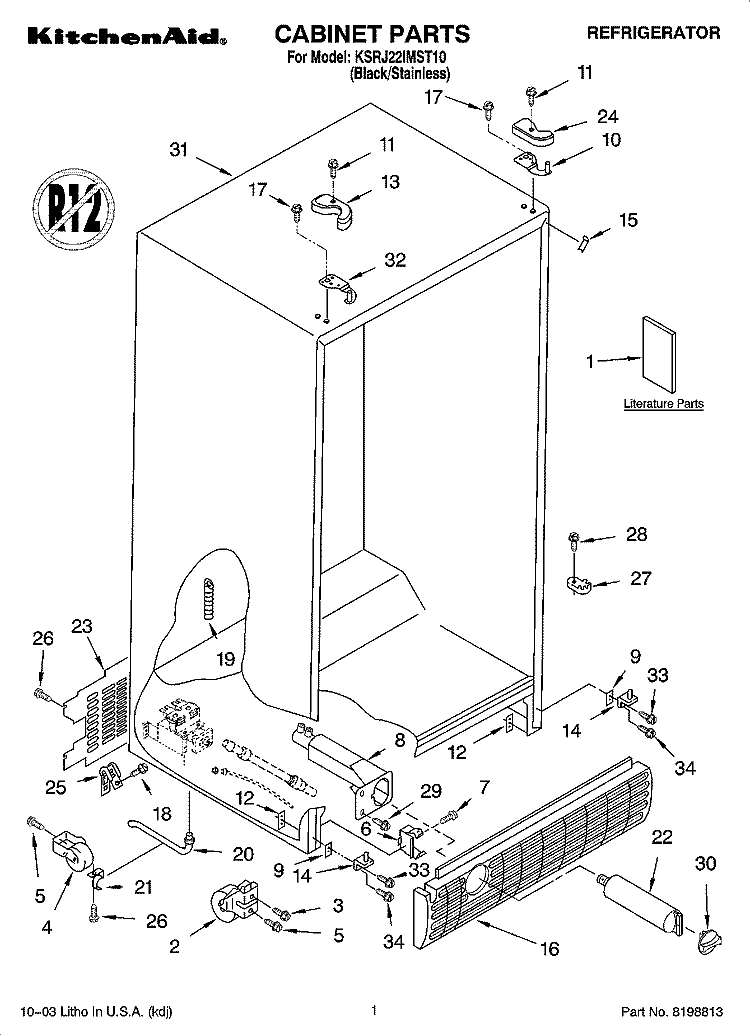 CABINET PARTS Diagram and Parts List for KSRJ22IMST10  KitchenAid Refrigerator