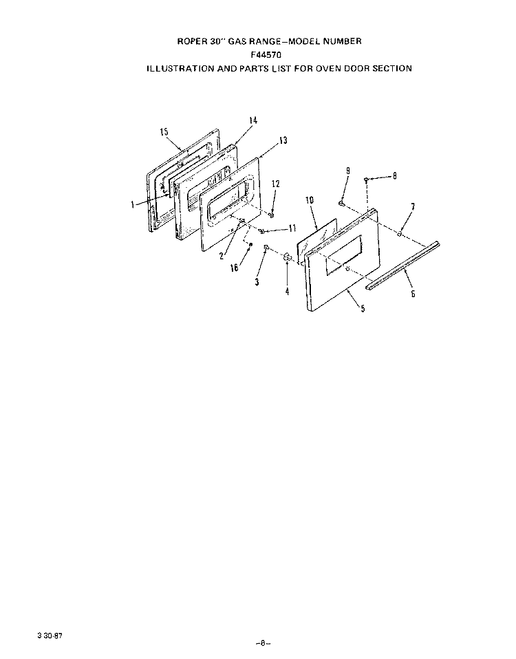 OVEN DOOR Diagram and Parts List for F4457W0  Roper Range
