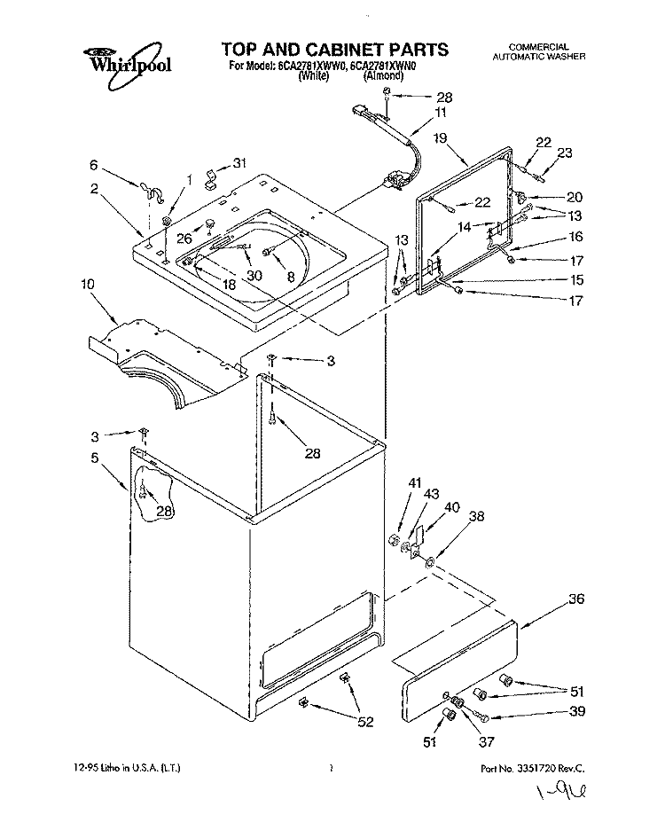 TOP AND CABINET Diagram and Parts List for 6CA2781XWW0  Whirlpool Washer