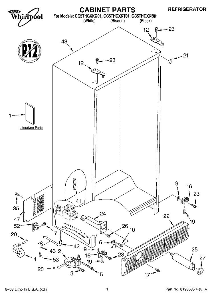 CABINET PARTS Diagram and Parts List for GC5THGXKB01  Whirlpool Refrigerator