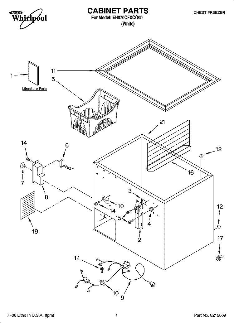 CABINET PARTS Diagram and Parts List for EH070CFXCQ00  Whirlpool Freezer