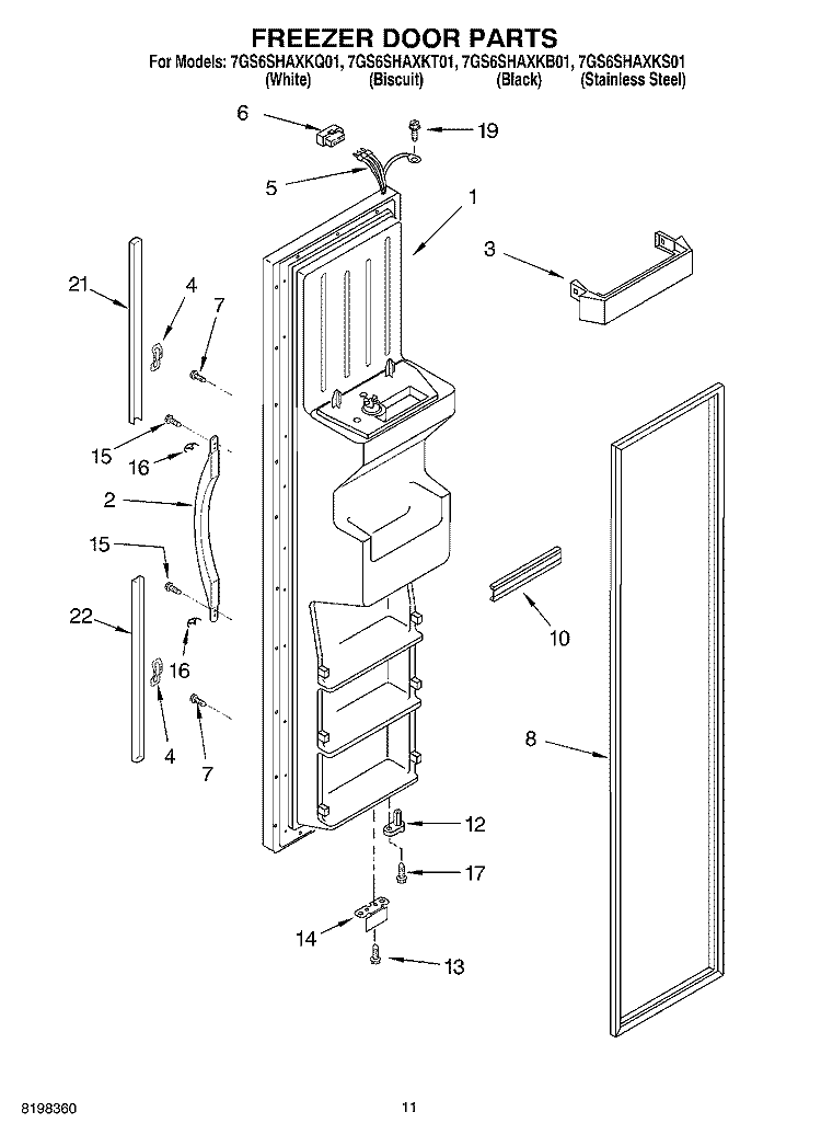 FREEZER DOOR Diagram and Parts List for 7GS6SHAXKB01  Whirlpool Refrigerator