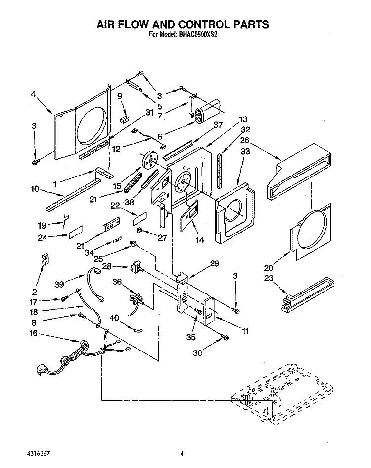 AIRFLOW AND CONTROL Diagram and Parts List for BHAC0500XS2  Whirlpool Air Conditioner