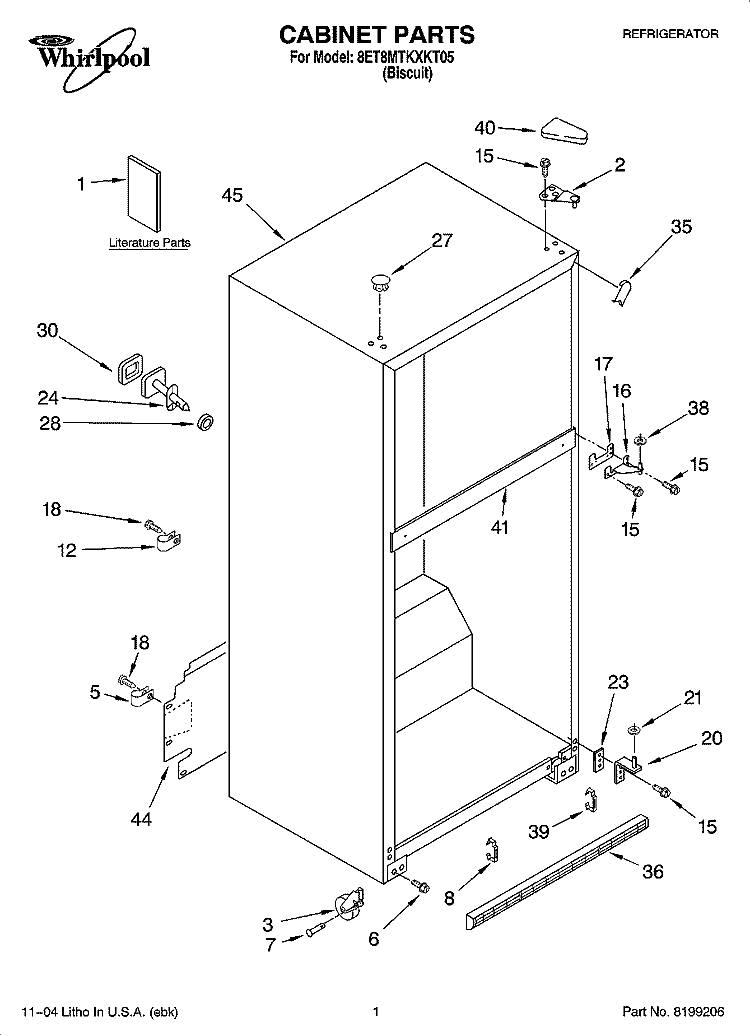 CABINET PARTS Diagram and Parts List for 8ET8MTKXKT05  Whirlpool Refrigerator