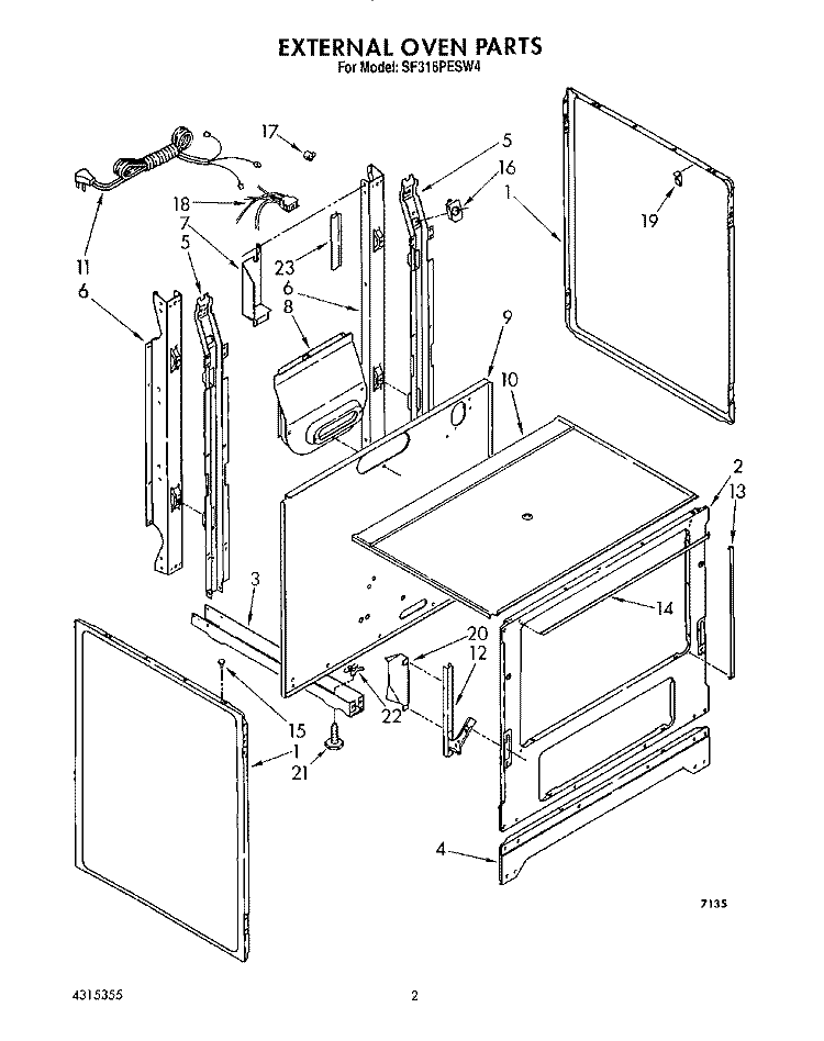 EXTERNAL OVEN Diagram and Parts List for SF316PESW4  Whirlpool Range