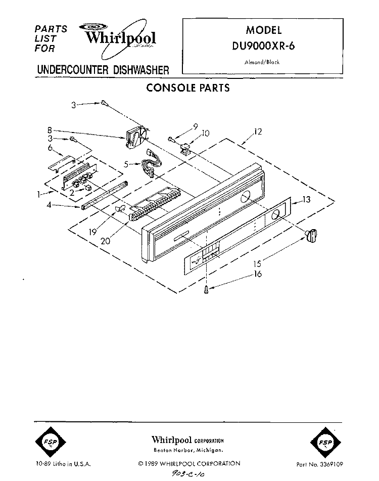 CONSOLE Diagram and Parts List for DU9000XR6  Whirlpool Dishwasher