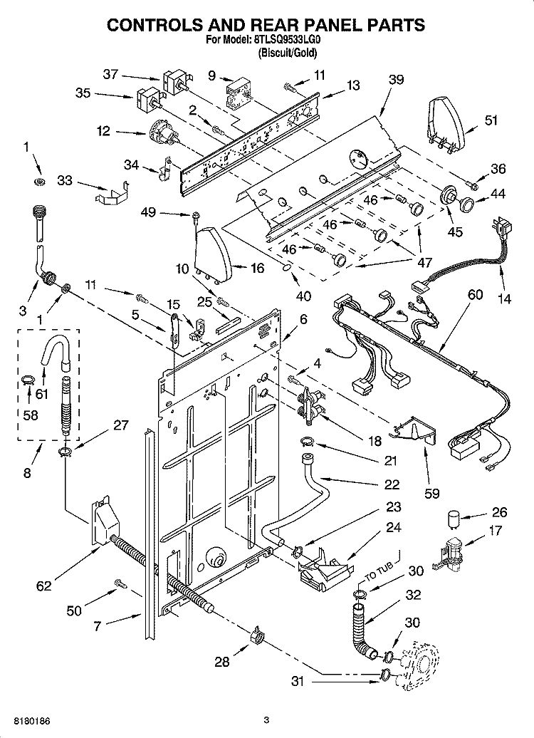 CONTROLS AND REAR PANEL PARTS Diagram and Parts List for 8TLSQ9533LG0  Whirlpool Washer