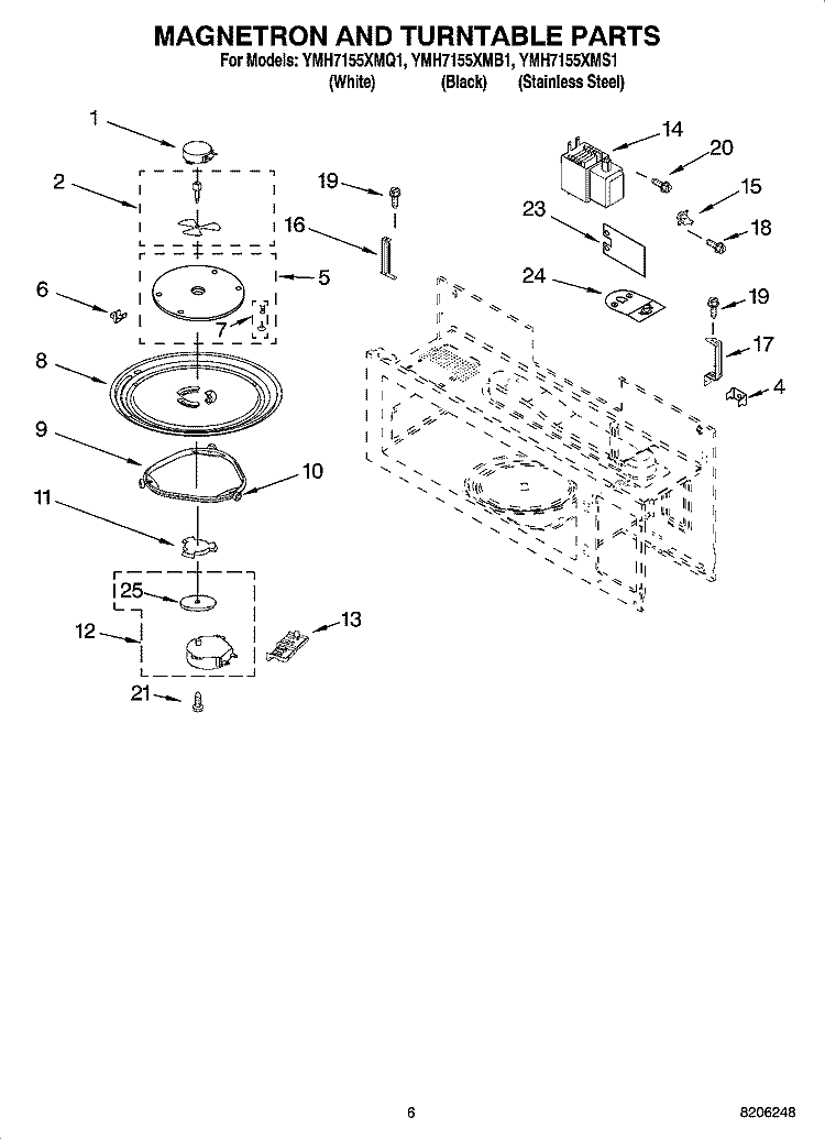 MAGNETRON AND TURNTABLE PARTS Diagram and Parts List for YMH7155XMS1  Whirlpool Microwave