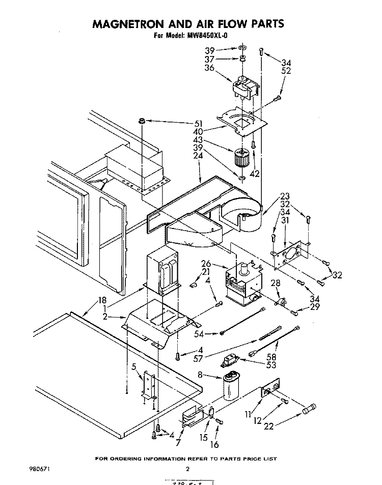 MAGNETRON AND AIRFLOW Diagram and Parts List for MW8450XL0  Whirlpool Microwave