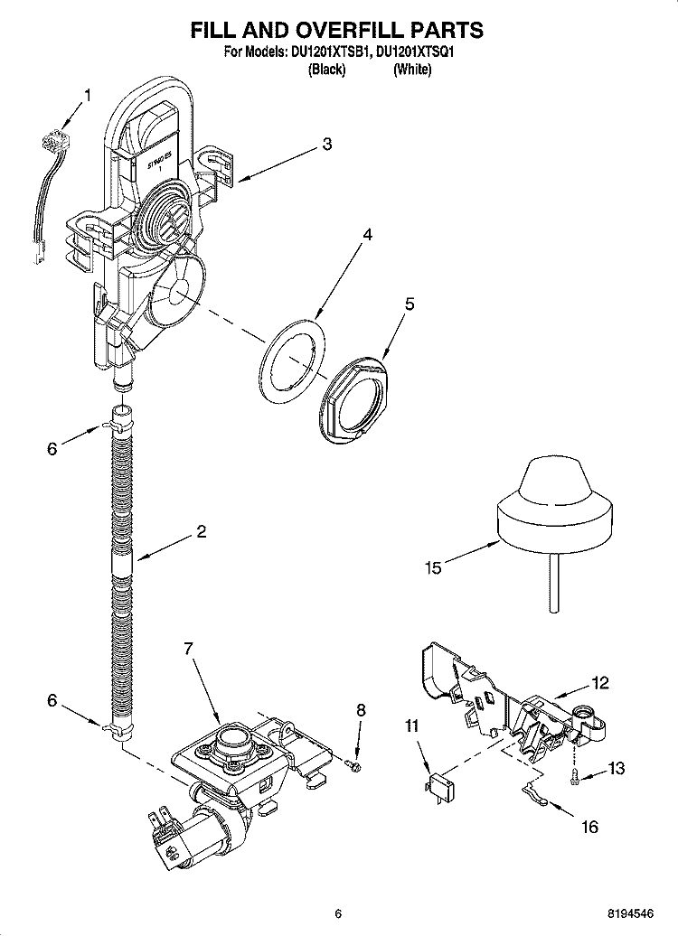 FILL AND OVERFILL PARTS Diagram and Parts List for DU1201XTSQ1  Whirlpool Dishwasher