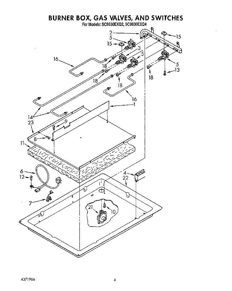 BURNER BOX, GAS VALVES, AND SWITCHES Diagram and Parts List for SC8630EXQ2  Whirlpool Cooktop