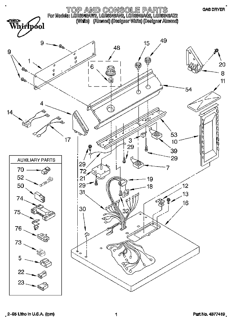 TOP AND CONSOLE, LIT/OPTIONAL Diagram and Parts List for LGR6848AZ2  Whirlpool Dryer