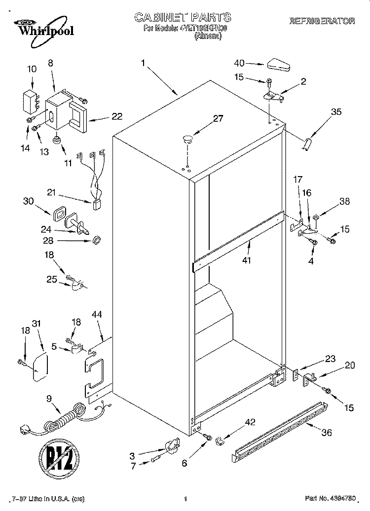 CABINET Diagram and Parts List for 4YET18GKFN00  Whirlpool Refrigerator