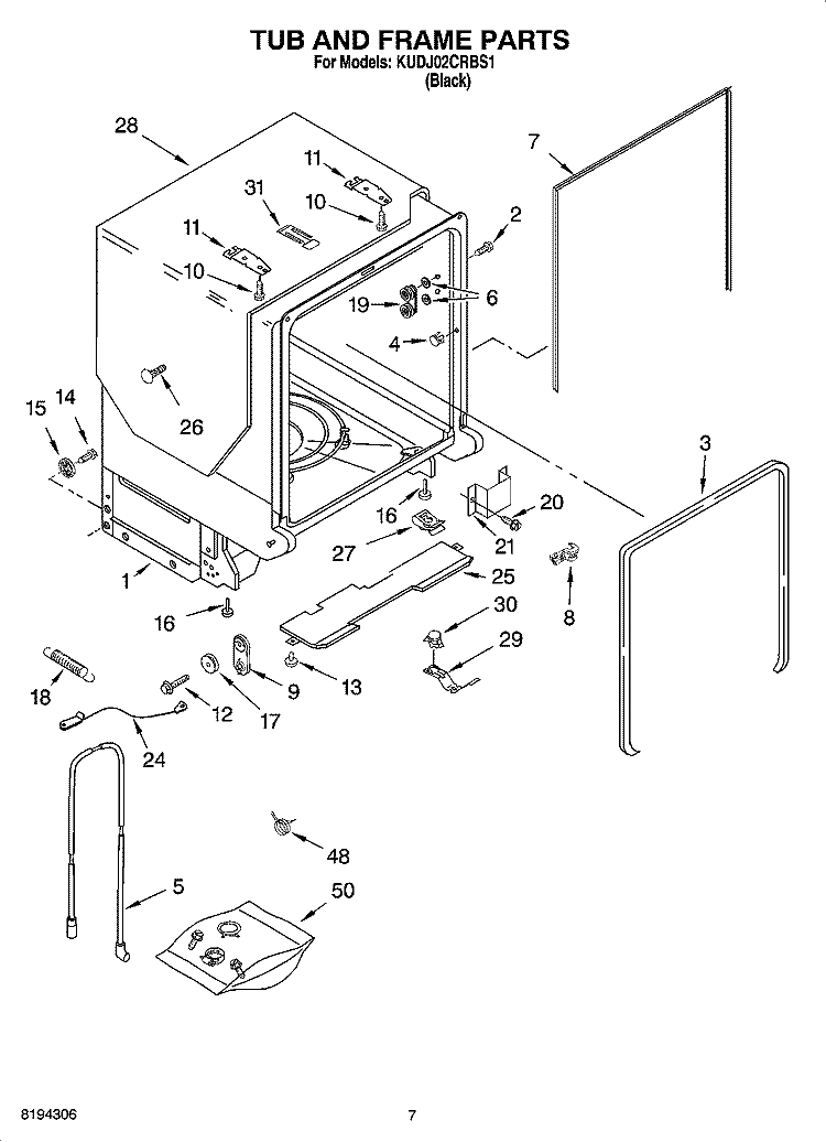 TUB AND FRAME PARTS Diagram and Parts List for KUDJ02CRBS1  KitchenAid Dishwasher