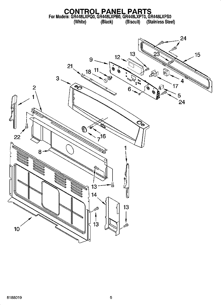 CONTROL PANEL PARTS Diagram and Parts List for GR448LXPT0  Whirlpool Range