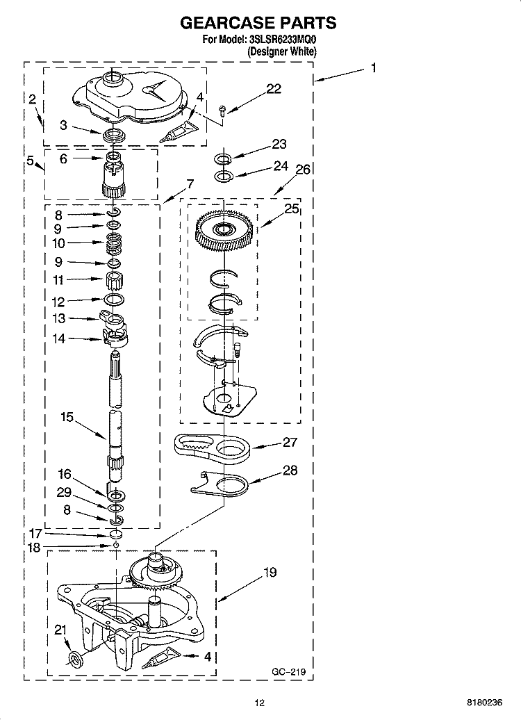 GEARCASE PARTS Diagram and Parts List for 3SLSR6233MQ0  Whirlpool Washer