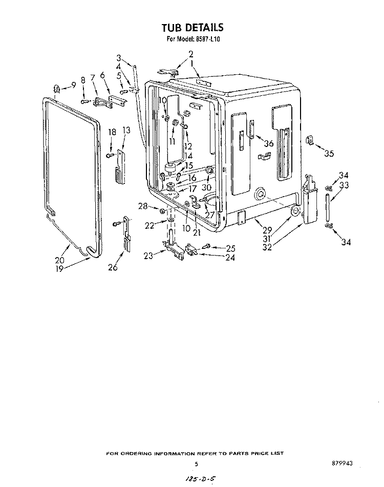 TUB Diagram and Parts List for 8587L10  Roper Dishwasher