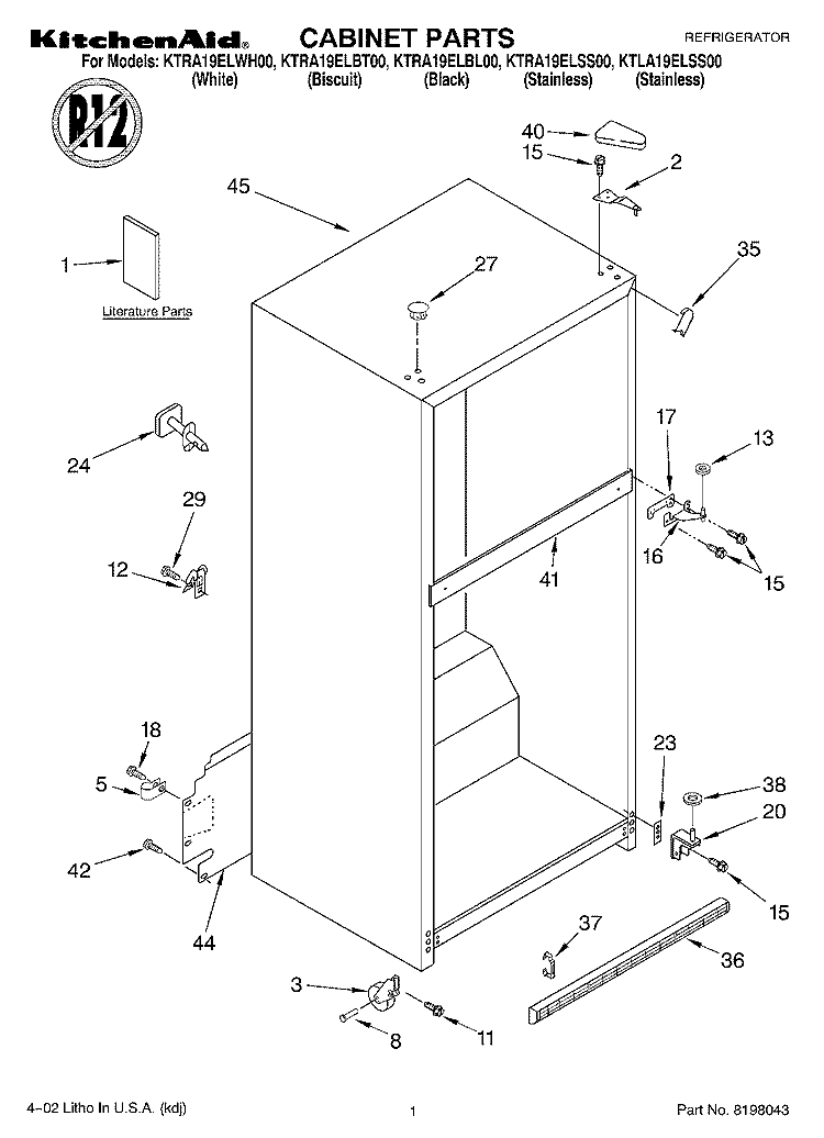 CABINET, LITERATURE Diagram and Parts List for KTLA19ELSS00  KitchenAid Refrigerator