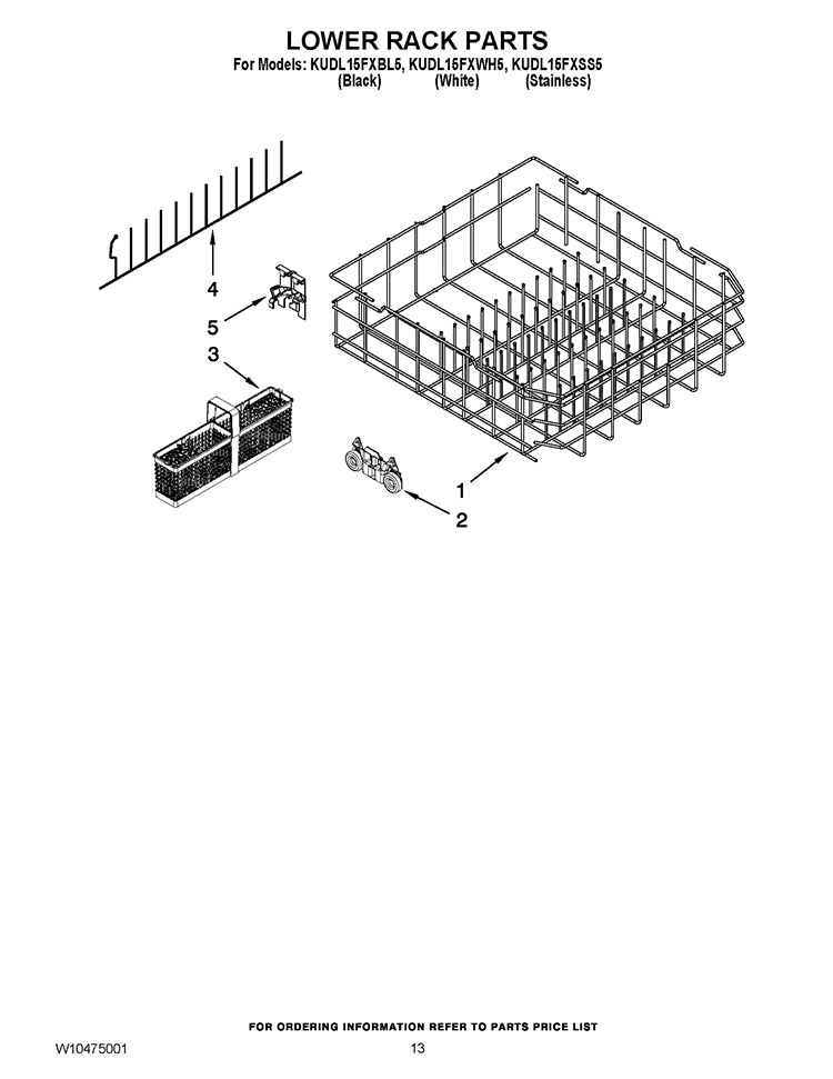 LOWER RACK PARTS Diagram and Parts List for KUDL15FXBL5  KitchenAid Dishwasher