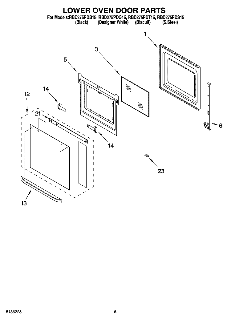 LOWER OVEN DOOR PARTS Diagram and Parts List for RBD275PDT15  Whirlpool Wall Oven