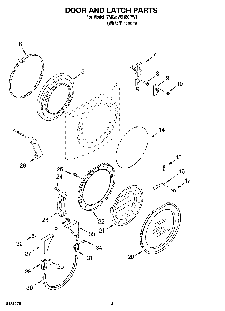 DOOR AND LATCH PARTS Diagram and Parts List for 7MGHW9150PW1  Whirlpool Washer