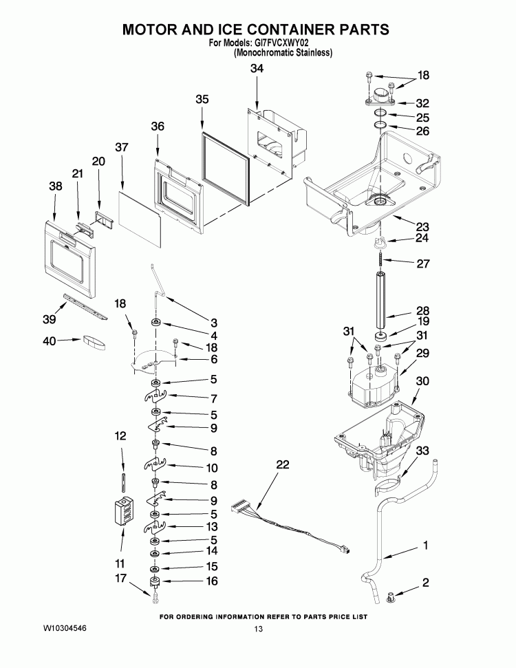MOTOR AND ICE CONTAINER PARTS Diagram and Parts List for GI7FVCXWY02  Whirlpool Refrigerator
