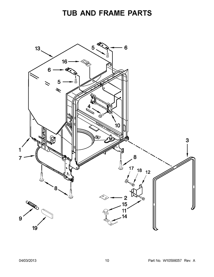 TUB AND FRAME PARTS Diagram and Parts List for WDF730PAYM5  Whirlpool Dishwasher