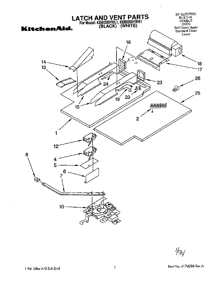 LATCH AND VENT, LITERATURE Diagram and Parts List for KEBI200YBL1  KitchenAid Wall Oven