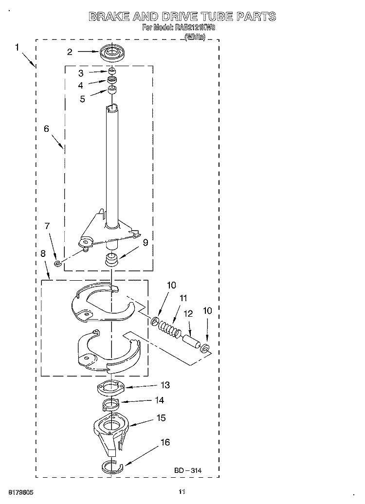 BRAKE AND DRIVE TUBE Diagram and Parts List for RAB2121KW0  Roper Washer