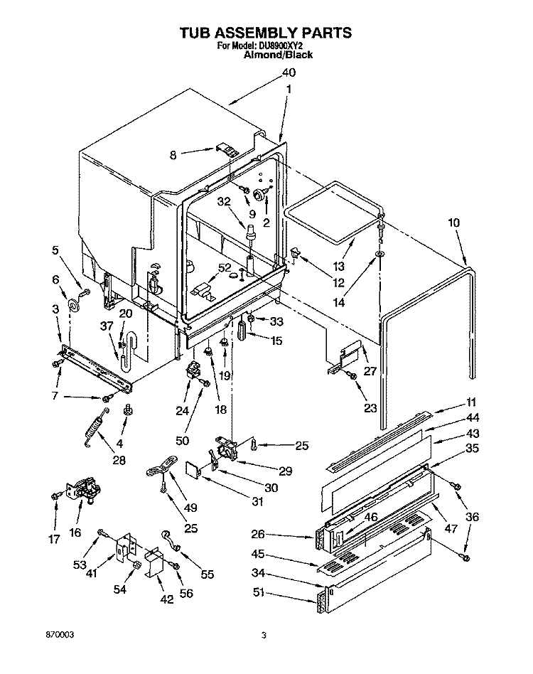 TUB ASSEMBLY Diagram and Parts List for DU8900XY2  Whirlpool Dishwasher