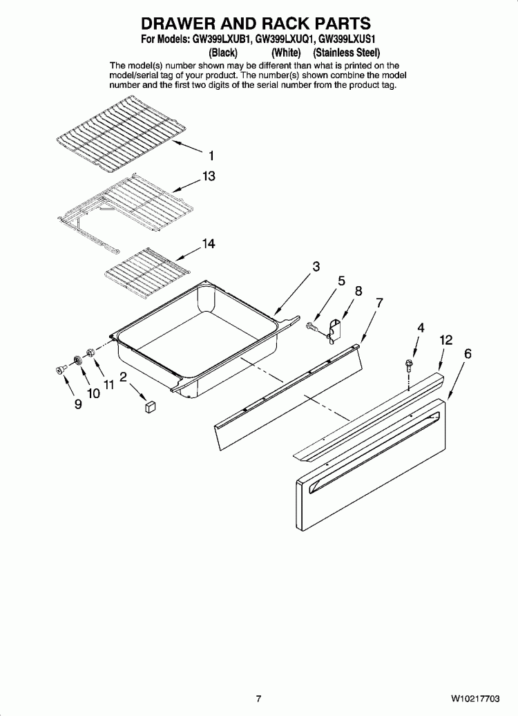 DRAWER AND RACK PARTS Diagram and Parts List for GW399LXUS1  Whirlpool Range