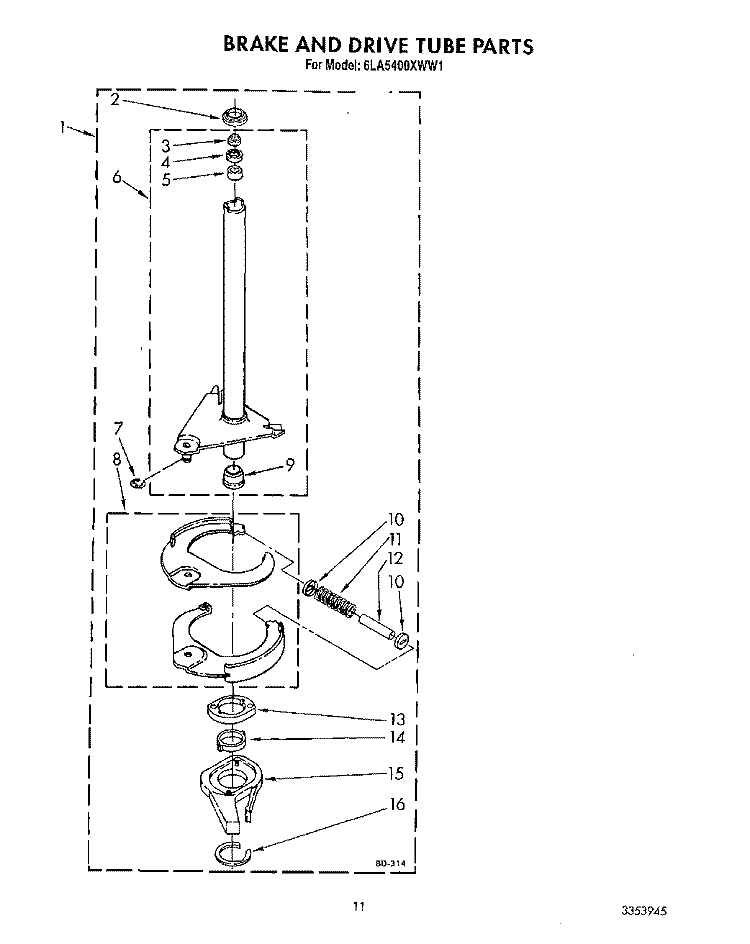 BRAKE AND DRIVE TUBE Diagram and Parts List for 6LA5400XWW1  Whirlpool Washer