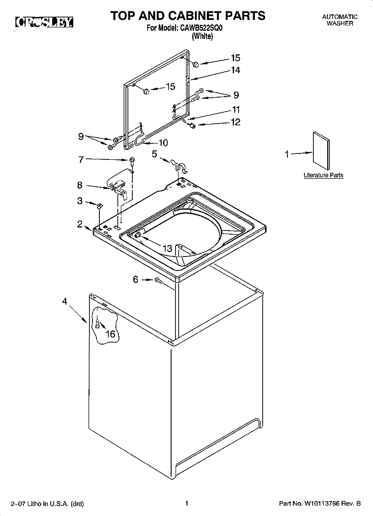 TOP AND CABINET PARTS Diagram and Parts List for CAWB522SQ0  Crosley Washer