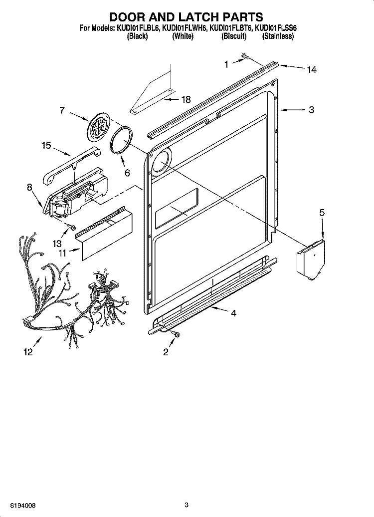 DOOR AND LATCH PARTS Diagram and Parts List for KUDI01FLSS6  KitchenAid Dishwasher