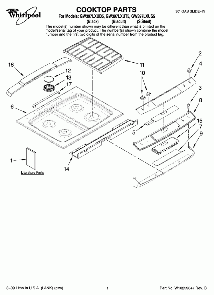 COOKTOP PARTS Diagram and Parts List for GW397LXUT5  Whirlpool Range