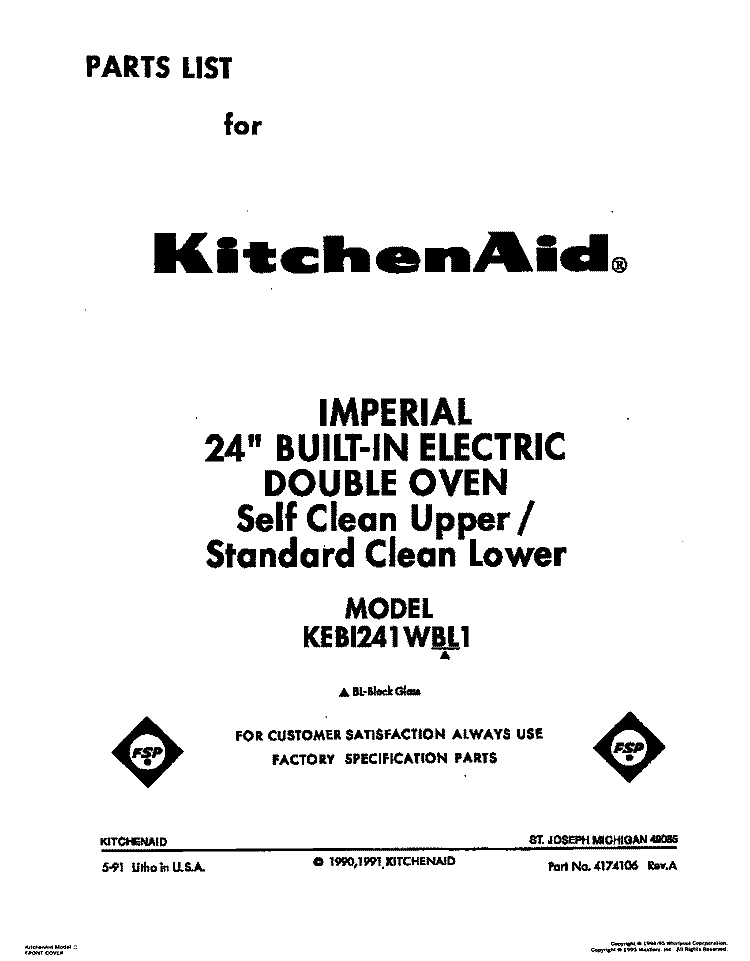 COVER Diagram and Parts List for KEBI241WBL1  KitchenAid Wall Oven