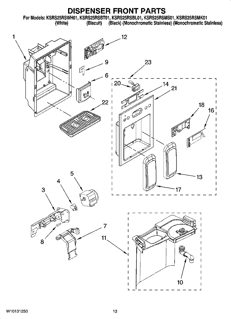 DISPENSER FRONT PARTS Diagram and Parts List for KSRS25RSMS01  KitchenAid Refrigerator