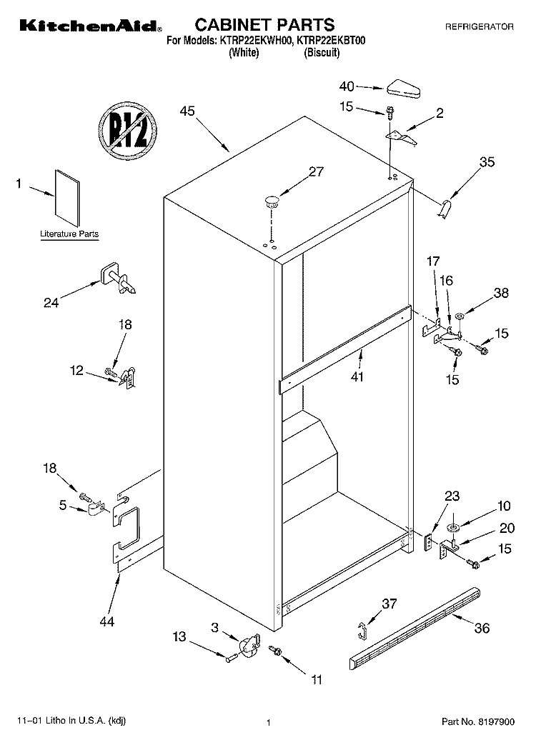 CABINET, LITERATURE Diagram and Parts List for KTRP22EKWH00  KitchenAid Refrigerator