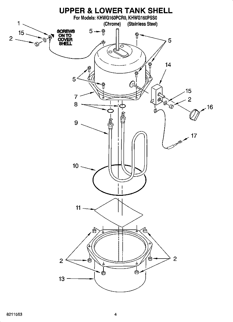 UPPER & LOWER TANK SHELL Diagram and Parts List for KHWG160PCR0  KitchenAid Miscellaneous