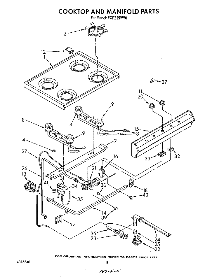 COOKTOP AND MANIFOLD, LIT/OPTIONAL Diagram and Parts List for FGP215VW0  Roper Range