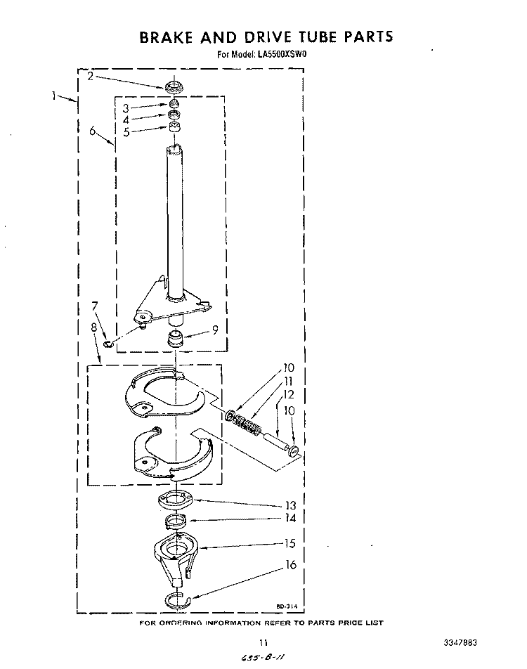 BRAKE AND DRIVE TUBE Diagram and Parts List for LA5500XSW0  Whirlpool Washer