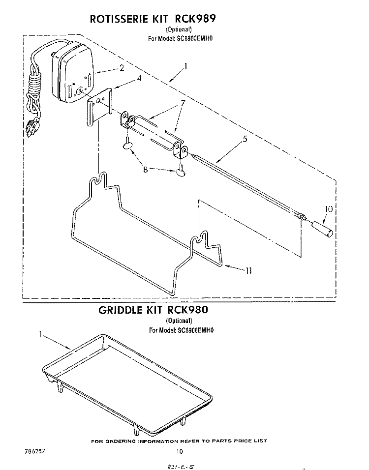 ROTISSERIE RCK989 , GRIDDLE RCK980 Diagram and Parts List for SC8900EMH0  Whirlpool Cooktop