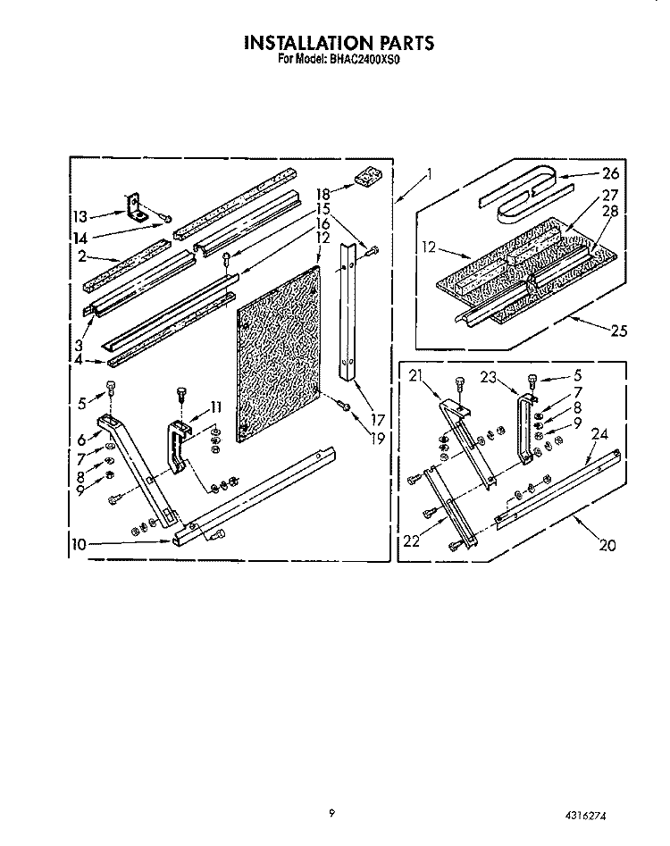 INSTALLATION PARTS Diagram and Parts List for BHAC2400XS0  Whirlpool Air Conditioner