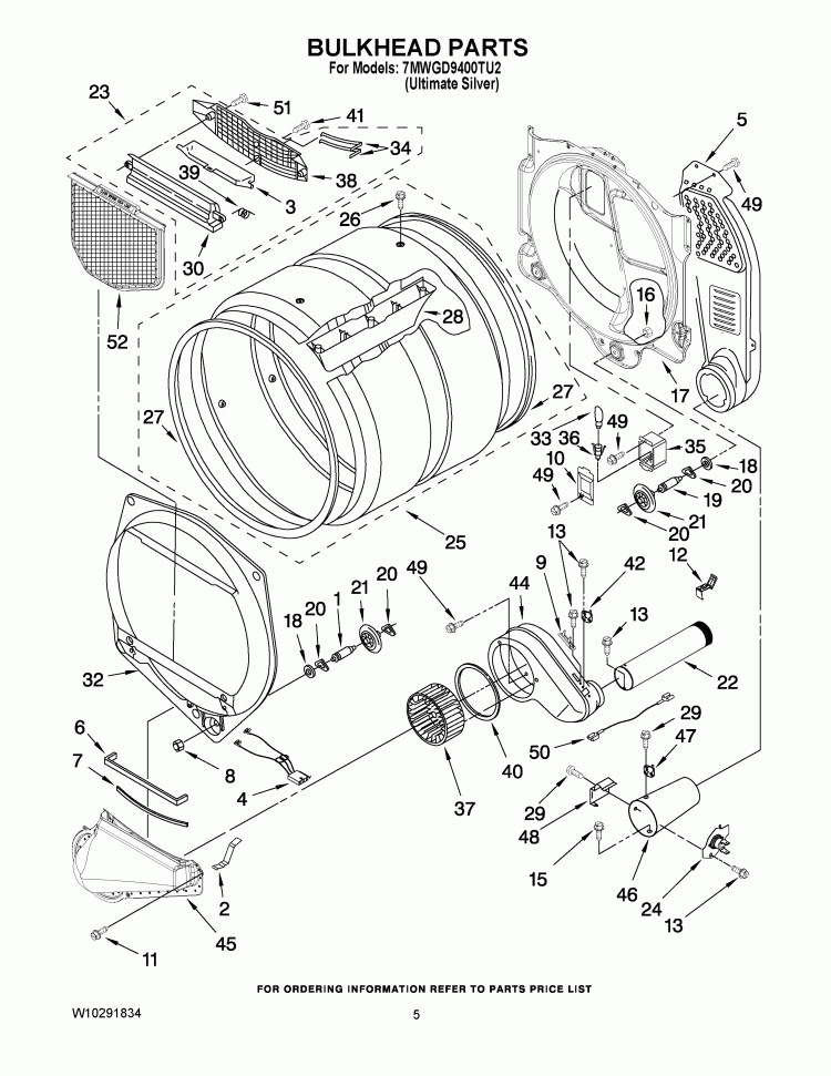 BULKHEAD PARTS Diagram and Parts List for 7MWGD9400TU2  Whirlpool Dryer