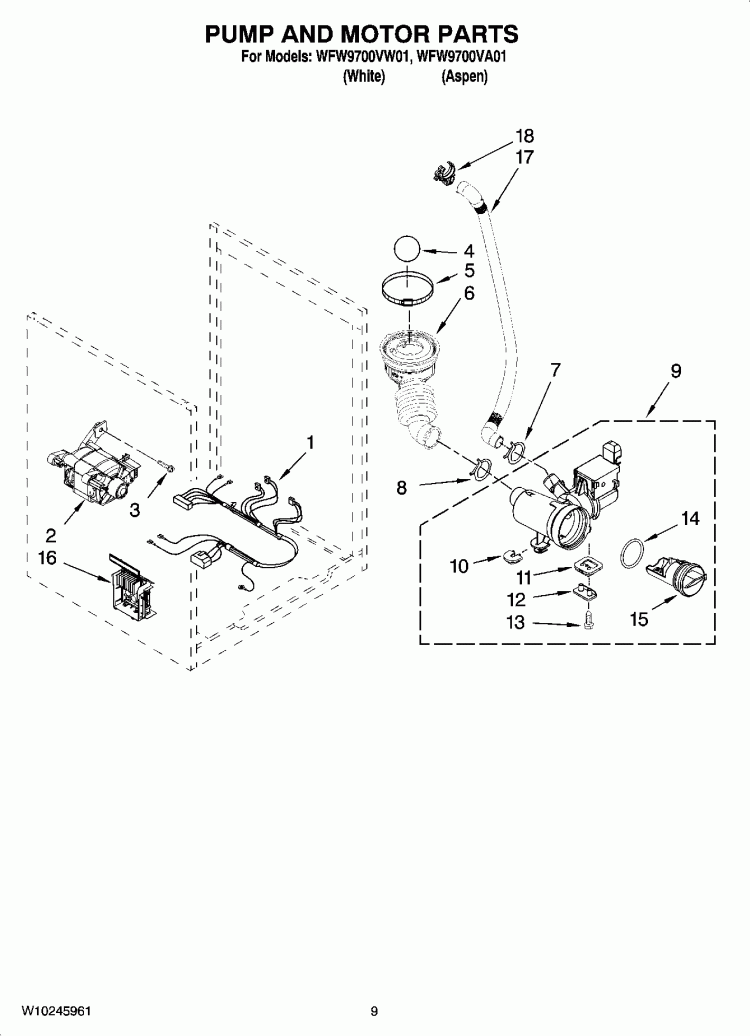 PUMP AND MOTOR PARTS, OPTIONAL PARTS (NOT INCLUDED) Diagram and Parts List for WFW9700VA01  Whirlpool Washer