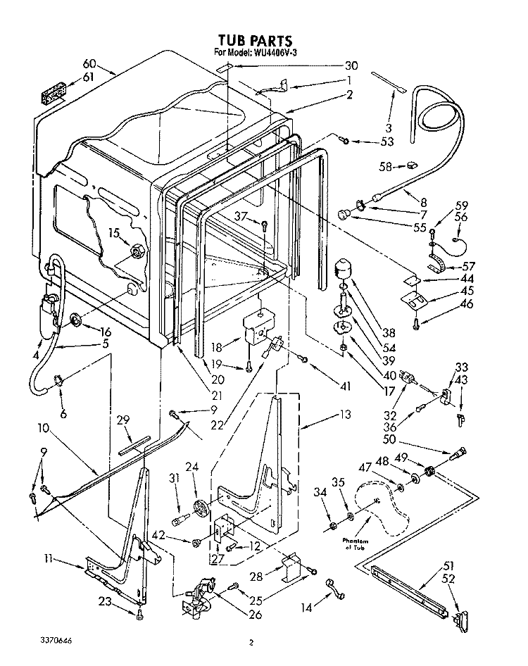 TUB, LIT/OPTIONAL Diagram and Parts List for WU4406V3  Roper Dishwasher