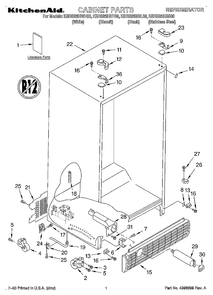 CABINET, LITERATURE Diagram and Parts List for KSRS25IHSS00  KitchenAid Refrigerator