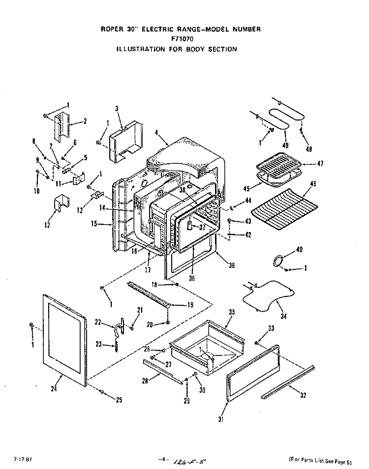 OVEN DOOR Diagram and Parts List for F7107W0  Roper Range